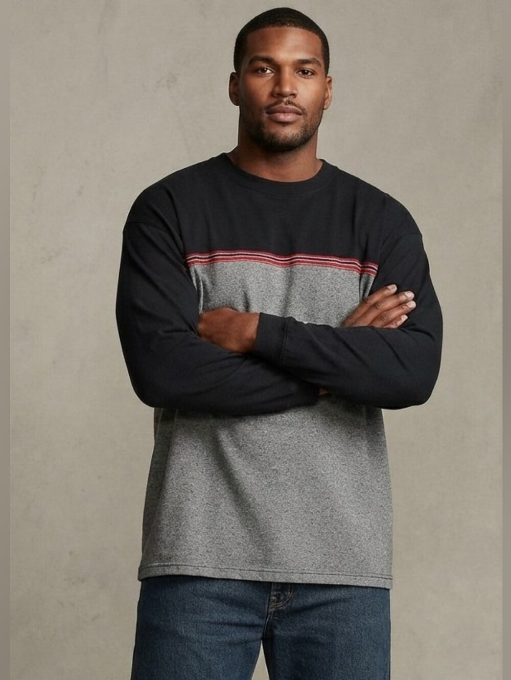 Vintage OTB One Tough Brand 2XLT Black and Gray Long Sleeve Top Red Stripe